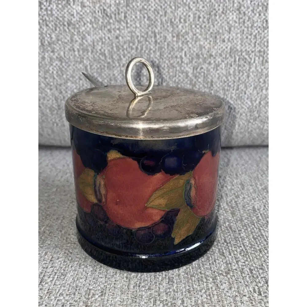 Rare Vintage Moorcroft Sterling Silver Art Pottery Jar & Spoon Antique Sugar